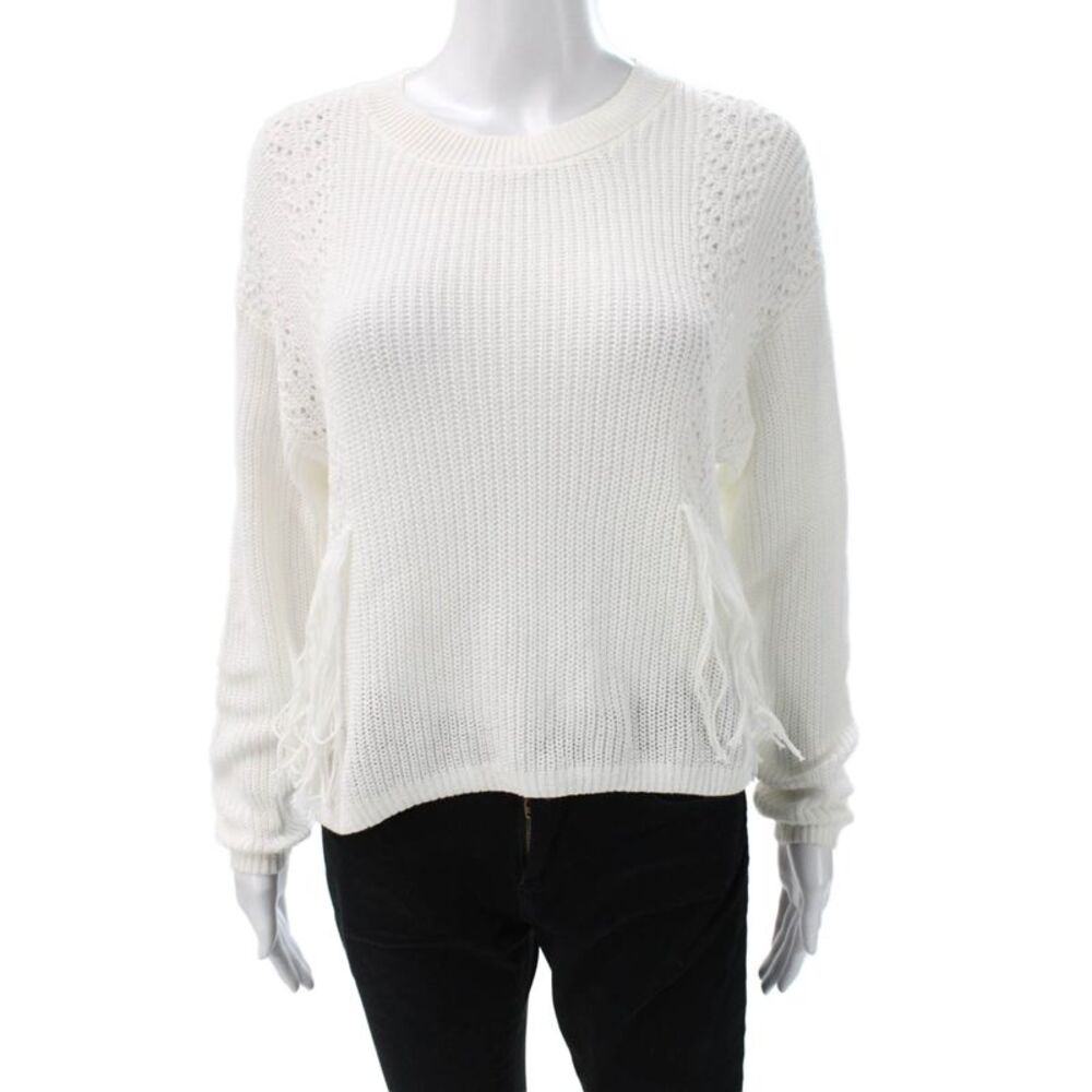 27 Miles Women Pullover Sweater White Cotton Crew Neck Long Sleeve Size S